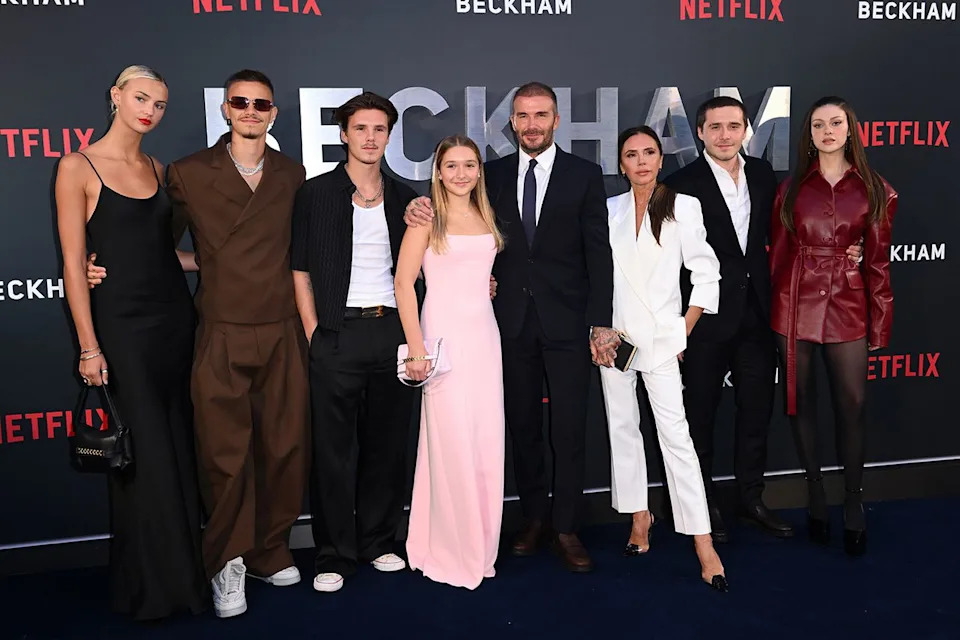 Mia Regan, Romeo Beckham, Cruz Beckham, Harper Beckham, David Beckham, Victoria Beckham, Brooklyn Beckham and Nicola Peltz attend the U.K. 'Beckham' Premiere in Oct. 2023. Karwai Tang/WireImage