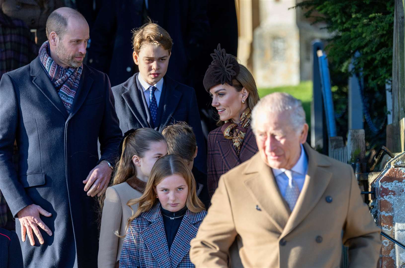 PIC BY GEOFF ROBINSON PHOTOGRAPHY 07976 880732. Picture dated December 25th shows the Royal Family attending Christmas morning service at St Mary Magdalene church in Sandringham. Picture shows King Charles, Queen Camilla, Prince William, Prince of Wales, Catherine, Princess of Wales and Prince George, Prince Louis and Princess Charlotte.