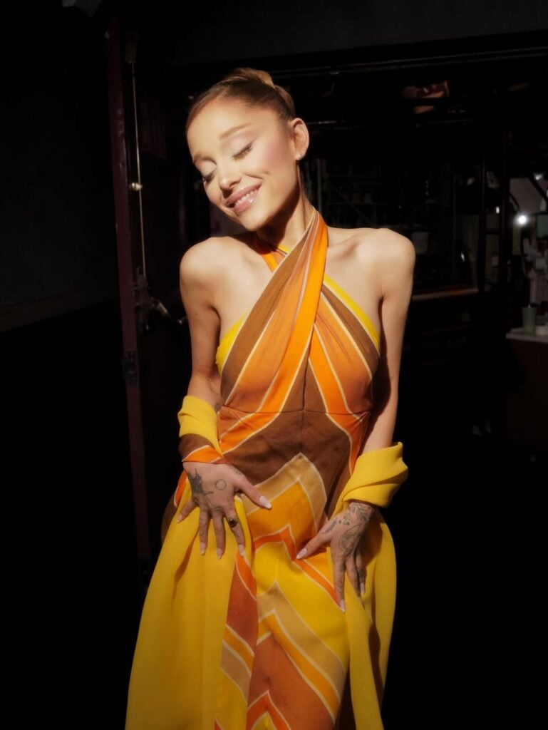 Ariana Grande, SNL promo red carpet, Bob Mackie vintage gown, Carol Burnett dress 1973, Law Roach styling, Saturday Night Live fashion, Ariana Grande SNL host, vintage Hollywood fashion