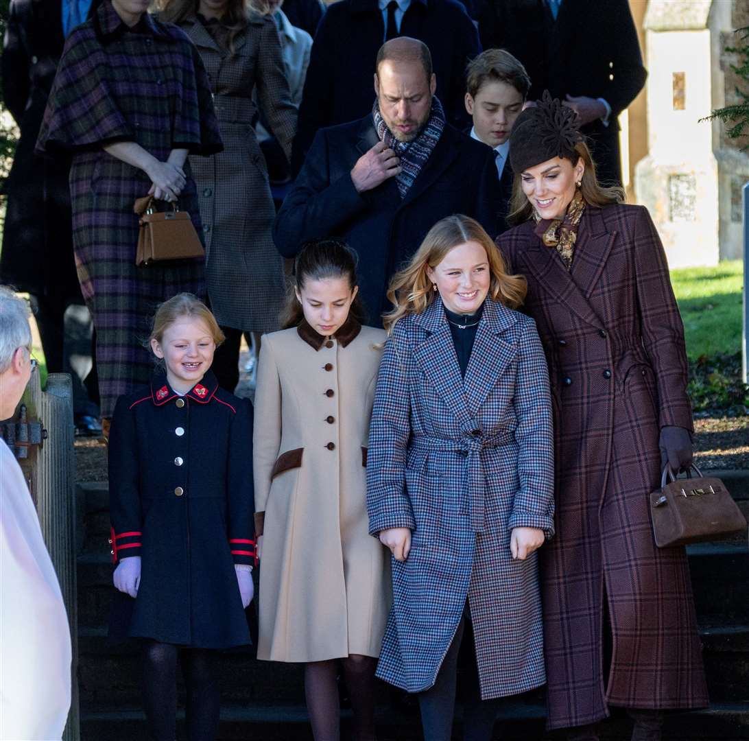 PIC BY GEOFF ROBINSON PHOTOGRAPHY 07976 880732. Picture dated December 25th shows the Royal Family attending Christmas morning service at St Mary Magdalene church in Sandringham. Picture shows King Charles, Queen Camilla, Prince William, Prince of Wales, Catherine, Princess of Wales and Prince George, Prince Louis and Princess Charlotte and Lena (left) and Mia Tindall.