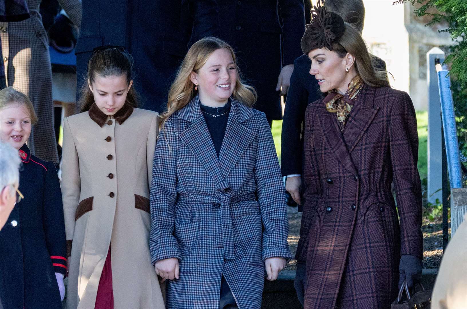 PIC BY GEOFF ROBINSON PHOTOGRAPHY 07976 880732. Picture dated December 25th shows the Royal Family attending Christmas morning service at St Mary Magdalene church in Sandringham. Picture shows King Charles, Queen Camilla, Prince William, Prince of Wales, Catherine, Princess of Wales and Prince George, Prince Louis and Princess Charlotte and Lena (left) and Mia Tindall.