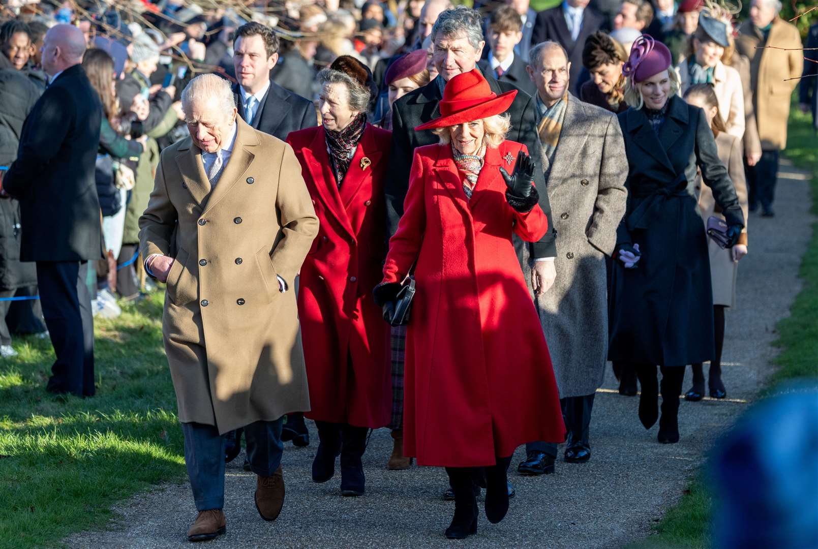PIC BY GEOFF ROBINSON PHOTOGRAPHY 07976 880732. Picture dated December 25th shows the Royal Family attending Christmas morning service at St Mary Magdalene church in Sandringham. Picture shows King Charles, Queen Camilla, Prince William, Prince of Wales, Catherine, Princess of Wales and Prince George, Prince Louis and Princess Charlotte.