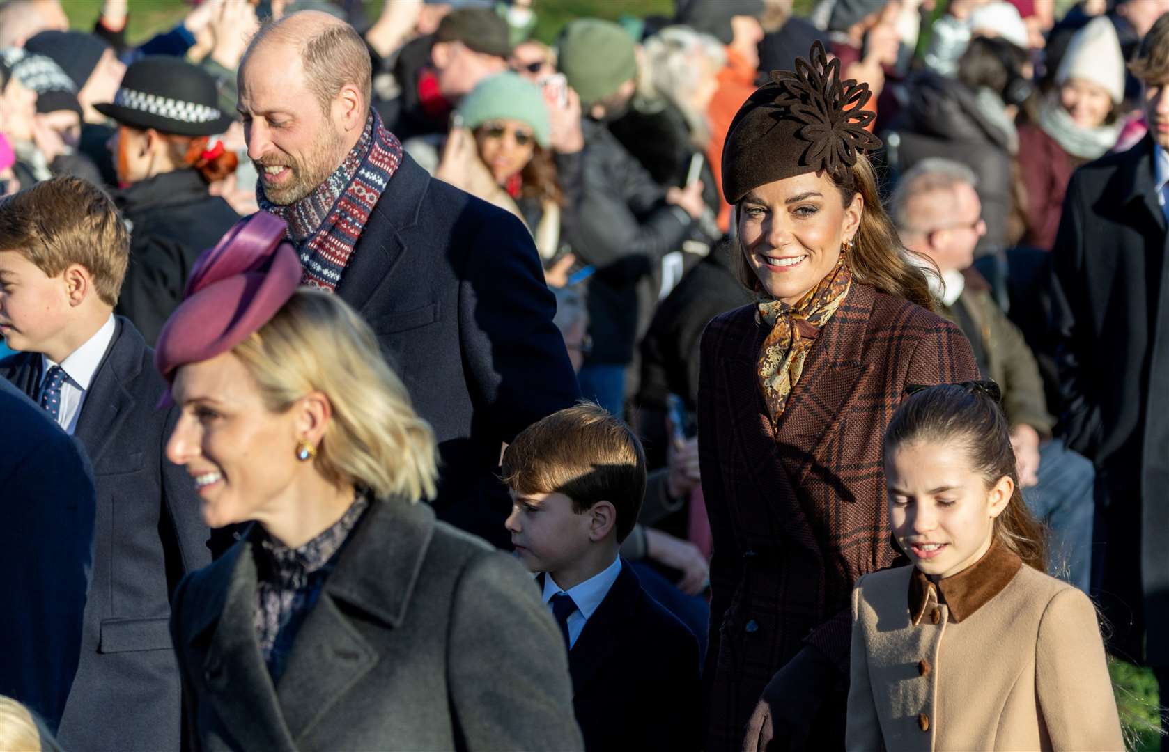 PIC BY GEOFF ROBINSON PHOTOGRAPHY 07976 880732. Picture dated December 25th shows the Royal Family attending Christmas morning service at St Mary Magdalene church in Sandringham. Picture shows Prince William, Prince of Wales, Catherine, Princess of Wales and Prince George, Prince Louis and Princess Charlotte.