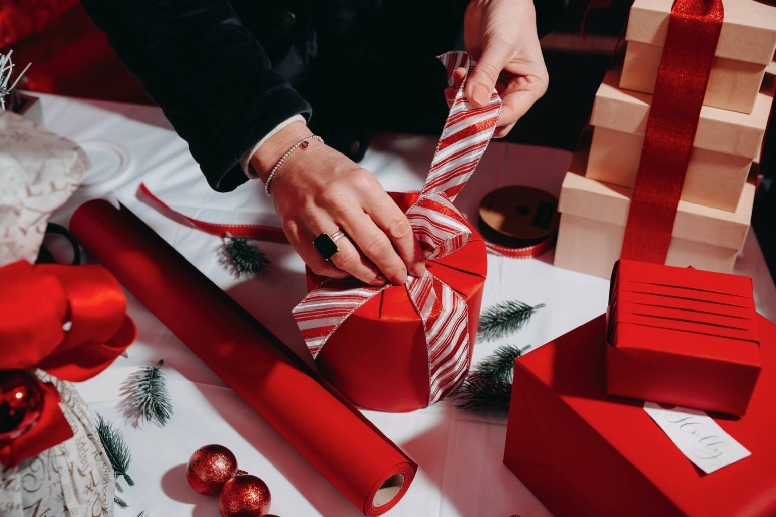 Jane Means wrapping Christmas gifts