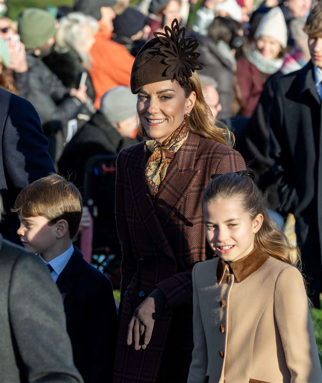 PIC BY GEOFF ROBINSON PHOTOGRAPHY 07976 880732. Picture dated December 25th shows the Royal Family attending Christmas morning service at St Mary Magdalene church in Sandringham. Picture shows Prince William, Prince of Wales, Catherine, Princess of Wales and Prince George, Prince Louis and Princess Charlotte.