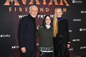 James Cameron, Billie Eilish and Suzy Amis Cameron at the “Avatar: Fire and Ash” World Premiere held at the Dolby Theatre on December 01, 2025 in Los Angeles, California.