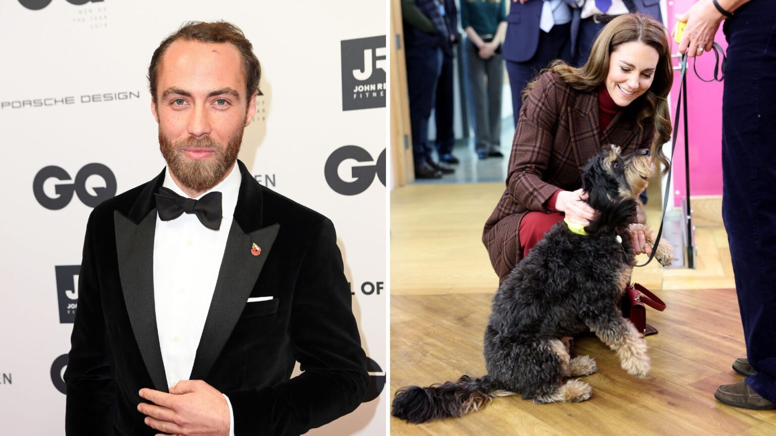 A composite image with James Middleton at the GQ awards on the left and Kate Middleton stroking a dog on the right