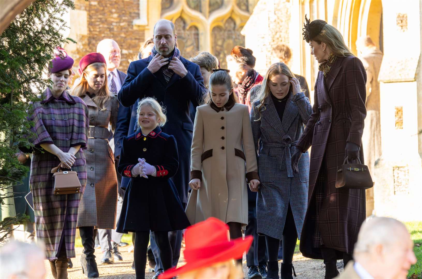 PIC BY GEOFF ROBINSON PHOTOGRAPHY 07976 880732. Picture dated December 25th shows the Royal Family attending Christmas morning service at St Mary Magdalene church in Sandringham. Picture shows Prince William, Prince of Wales, Catherine, Princess of Wales Princess Charlotte and Lena (left) and Mia Tindall.