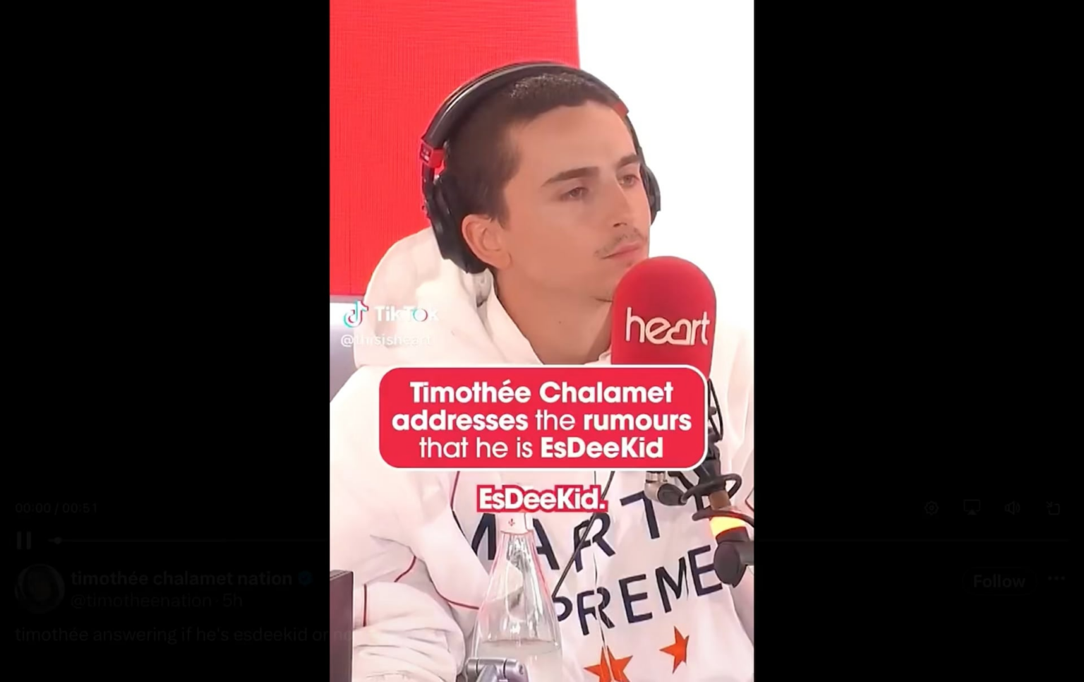 Timothée Chalamet on the rumor that he’s Scouse rapper EsDeeKid: “I got no comment on that. No I mean, I got two words on that….all will be revealed in due time”