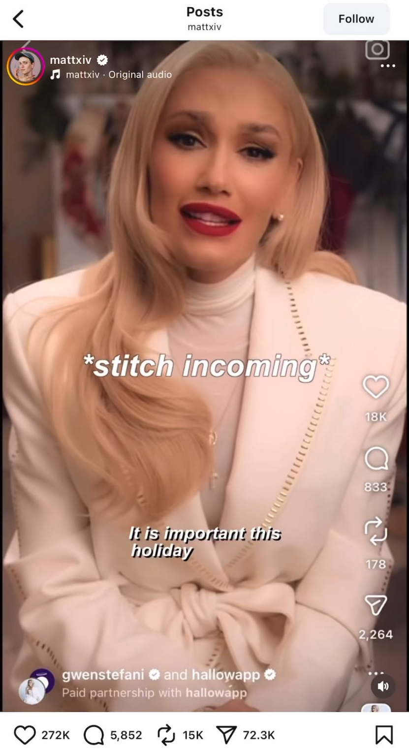 Gwen Stefani called out over partnership with anti-abortion prayer app ‘Hallow’ funded by Peter Thiel. Other celebs including Olivia Cooke and Melanie Lynskey liked the post calling her out.