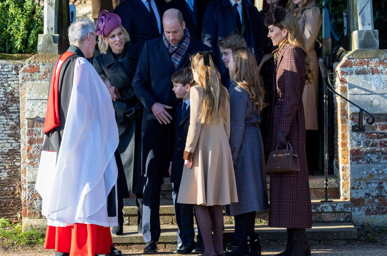 PIC BY GEOFF ROBINSON PHOTOGRAPHY 07976 880732. Picture dated December 25th shows the Royal Family attending Christmas morning service at St Mary Magdalene church in Sandringham. Picture shows Prince William, Prince of Wales, Catherine, Princess of Wales and Prince George, Prince Louis and Princess Charlotte.
