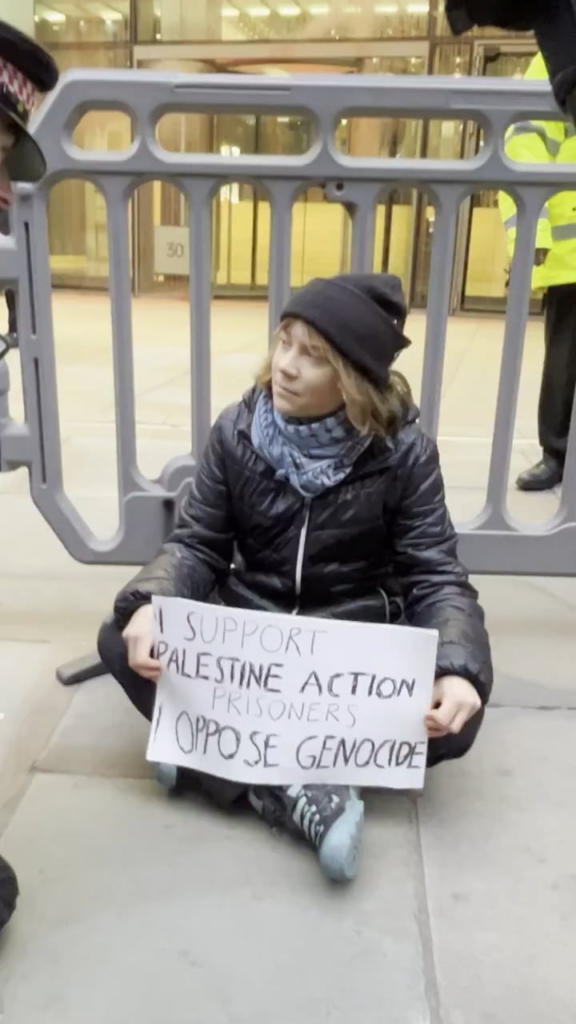 Greta Thunberg was arrested in London earlier today, under the Terrorism Act, after holding a sign that reads: “I support Palestine Action prisoners. I oppose genocide.” She was peacefully protesting outside Aspen, which supplies insurance to Israel’s biggest weapons manufacturer, Elbit Systems. Greta Thunberg was arrested in London earlier today, under the Terrorism Act, after holding a sign that reads: “I support Palestine Action prisoners. I oppose genocide.” She was peacefully protesting outside Aspen, which supplies insurance to Israel’s biggest weapons manufacturer, Elbit Systems.