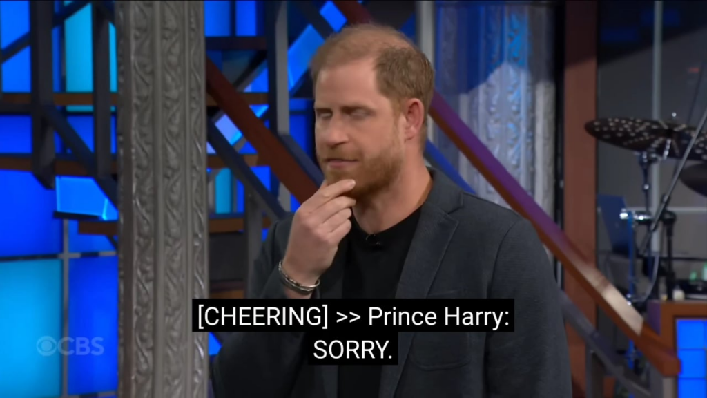 Prince Harry on The Late Show with Stephen Colbert: “I heard you ‘elected’ a king.”