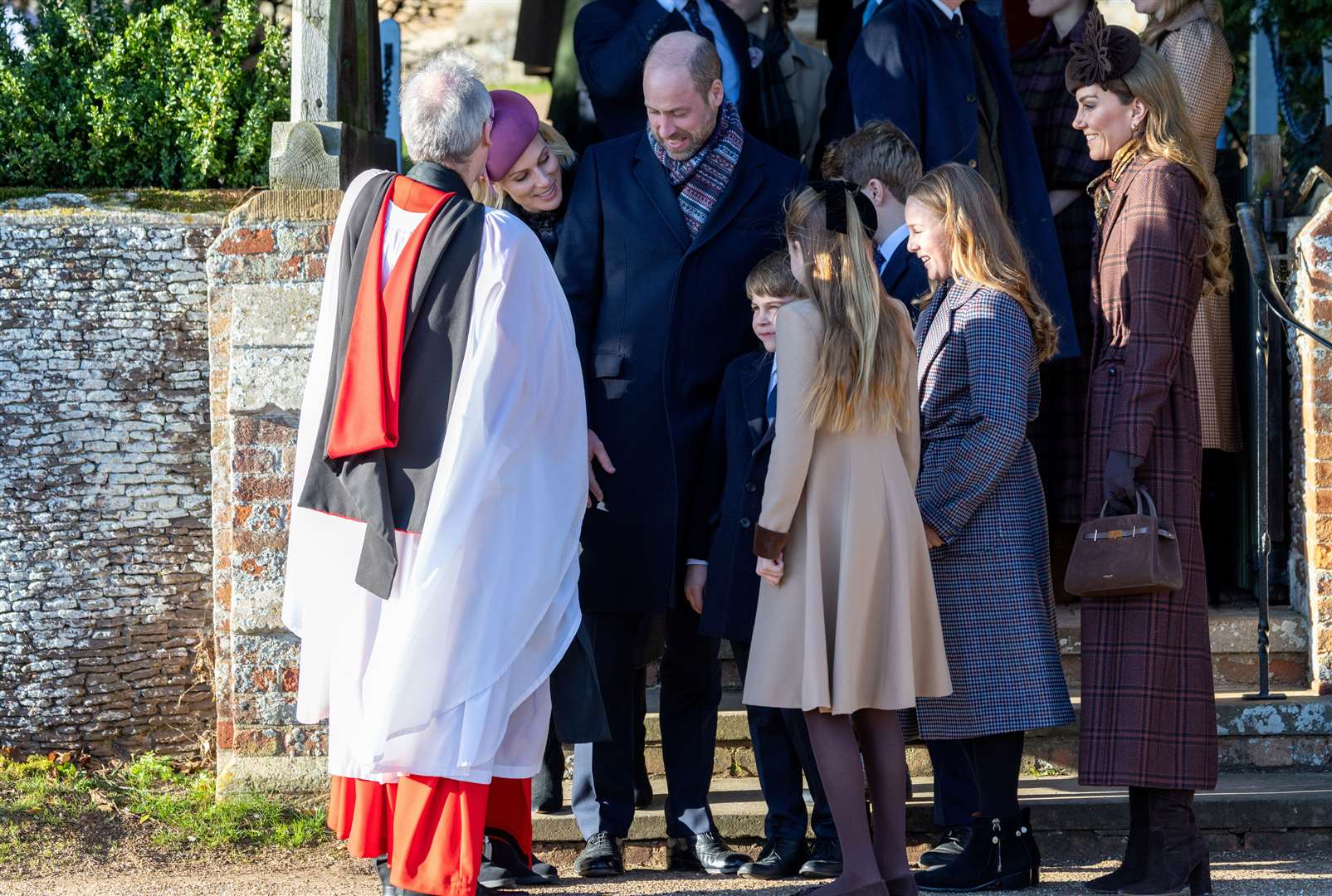PIC BY GEOFF ROBINSON PHOTOGRAPHY 07976 880732. Picture dated December 25th shows the Royal Family attending Christmas morning service at St Mary Magdalene church in Sandringham. Picture shows Prince William, Prince of Wales, Catherine, Princess of Wales and Prince George, Prince Louis and Princess Charlotte.