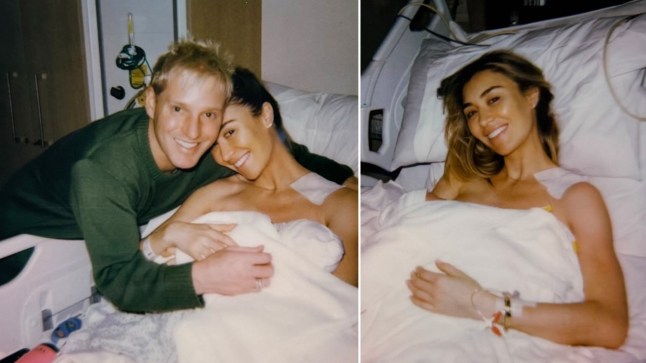 A compilation image of Jamie Laing and Sophie Habboo cuddling in a hospital bed holding their newborn son Ziggy, and of Sophie smiling in a hospital bed while holding Ziggy in a blanket.