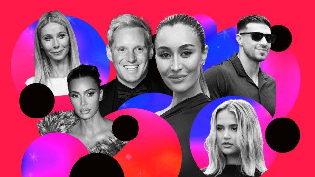 A compilation image of Gwyneth Paltrow, Kim Kardashian, Molly-Mae Hague, Tommy Fury, Jamie Laing, an Sophie Habboo on a colourful background.
