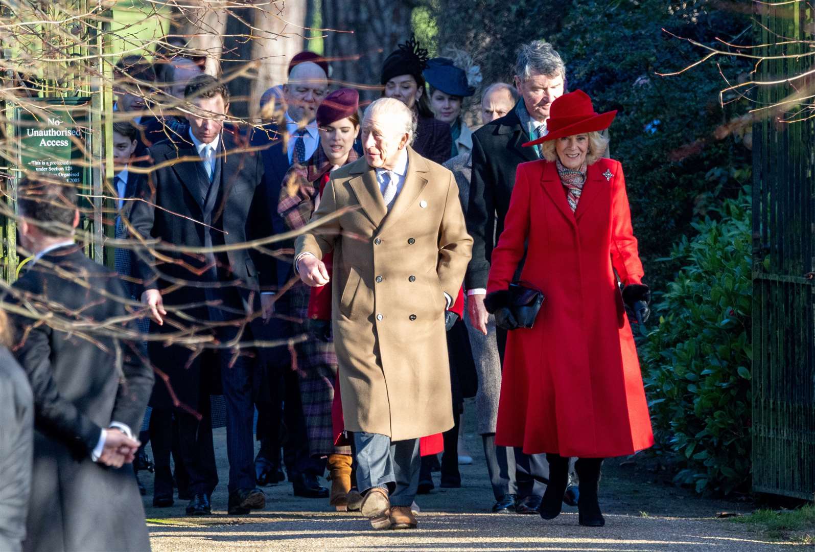 PIC BY GEOFF ROBINSON PHOTOGRAPHY 07976 880732. Picture dated December 25th shows the Royal Family attending Christmas morning service at St Mary Magdalene church in Sandringham. Picture shows King Charles, Queen Camilla, Prince William, Prince of Wales, Catherine, Princess of Wales and Prince George, Prince Louis and Princess Charlotte.