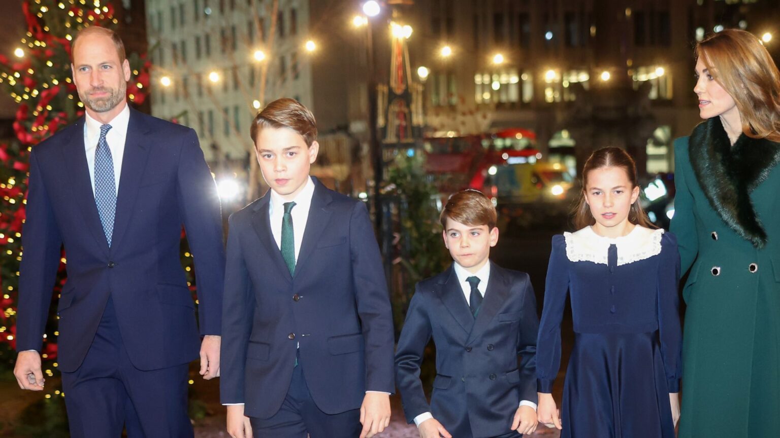 Princess Charlotte of Wales, Catherine, Princess of Wales, Prince George of Wales, Prince William, Prince of Wales and Prince Louis of Wales depart from the 'Together At Christmas' Carol Service at Westminster Abbey on December 05, 2025 in London, England