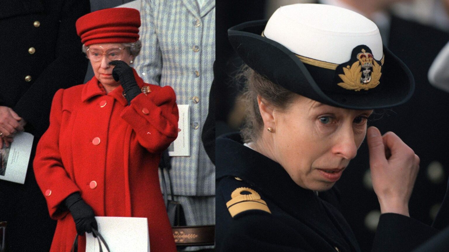 Queen Elizabeth and Princess Anne Both Cried in Public at This Event 28 Years Ago—And Tony Blair Admits His Role Was “A Mistake” Queen Elizabeth wearing a red coat crying and Princess Anne in a naval uniform crying