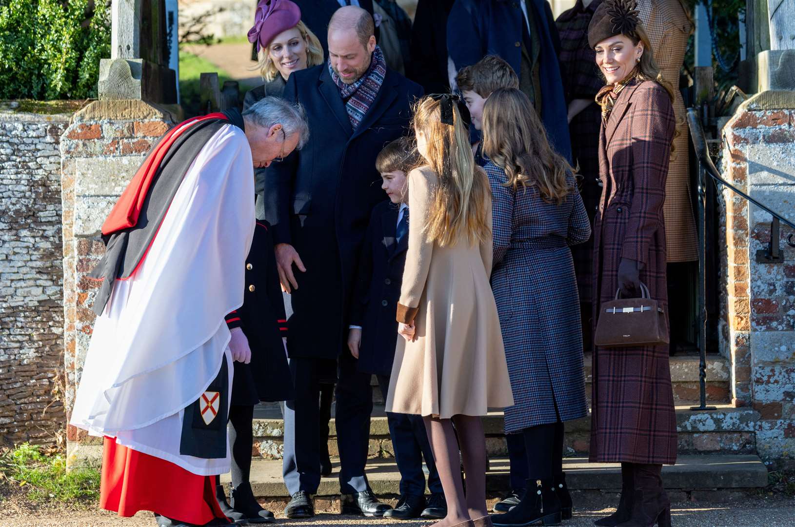 PIC BY GEOFF ROBINSON PHOTOGRAPHY 07976 880732. Picture dated December 25th shows the Royal Family attending Christmas morning service at St Mary Magdalene church in Sandringham. Picture shows Prince William, Prince of Wales, Catherine, Princess of Wales and Prince George, Prince Louis and Princess Charlotte.