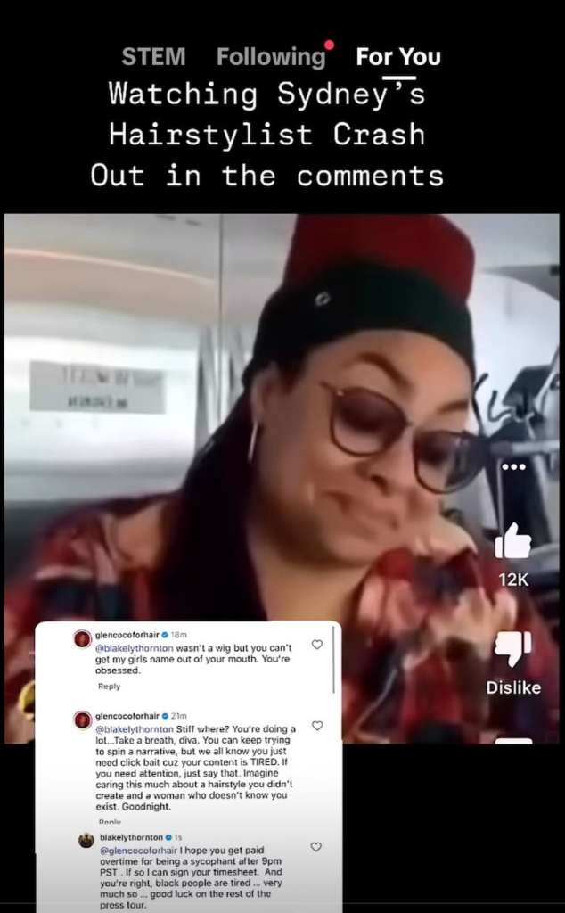 Blakely Thornton’s Tiktok featuring a screenshot of Sydney Sweeney’s hairstylist trying (and failing) very hard to defend her and her Fox News anchor wig