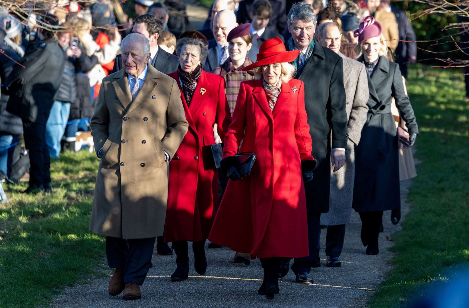 PIC BY GEOFF ROBINSON PHOTOGRAPHY 07976 880732. Picture dated December 25th shows the Royal Family attending Christmas morning service at St Mary Magdalene church in Sandringham. Picture shows King Charles, Queen Camilla, Prince William, Prince of Wales, Catherine, Princess of Wales and Prince George, Prince Louis and Princess Charlotte.