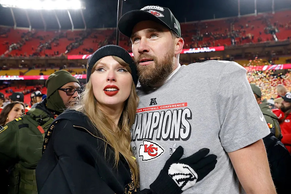David Eulitt/Getty Taylor Swift and Travis Kelce pictured after the Kansas City Chiefs won the AFC Championship in January 2025
