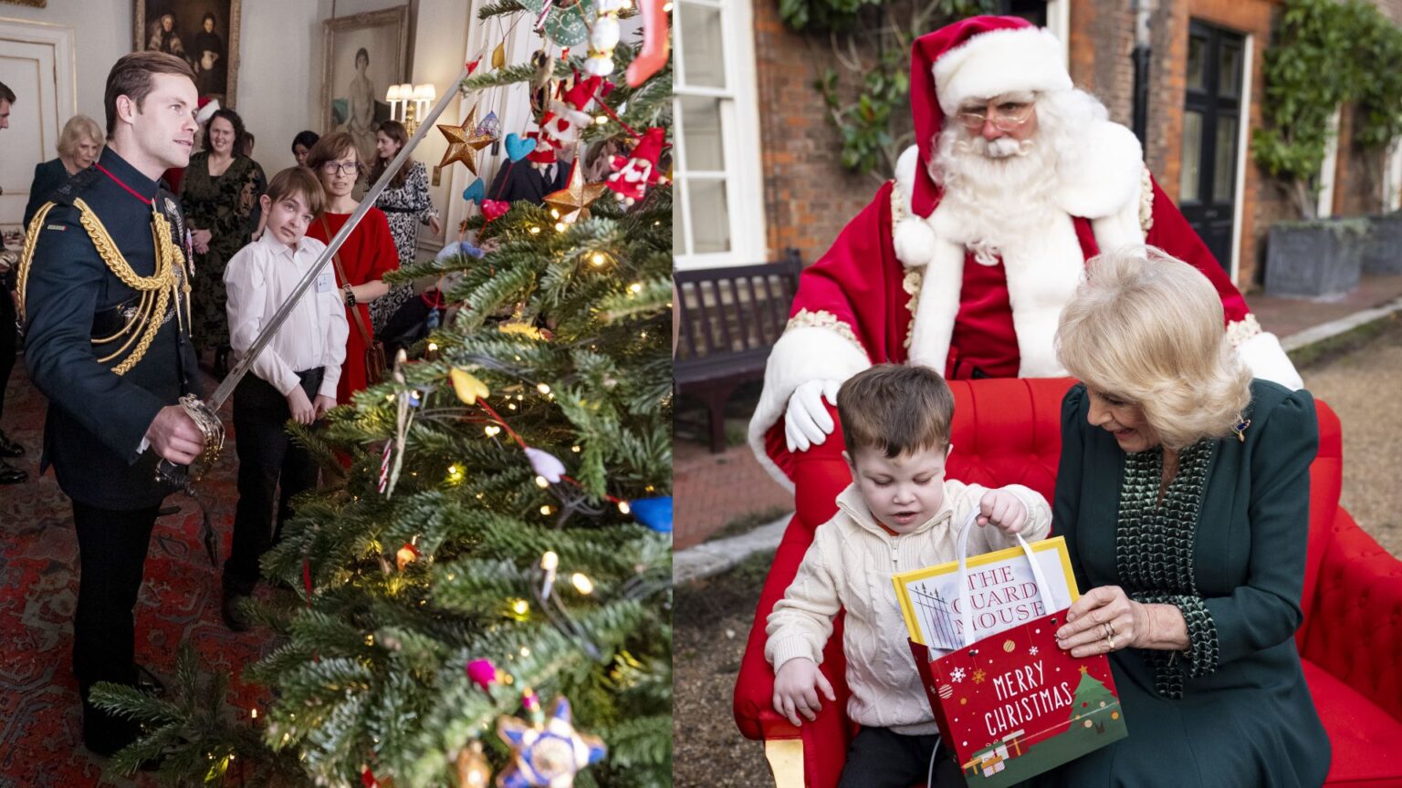 Queen Camilla’s Handsome New Equerry Proves He’s a Royal “Treasure” as He Helps Children With Serious Illnesses Decorate Palace Tree Rob Treasure decorating a Christmas tree with a sword; Queen Camilla showing a boy a gift with Santa behind them