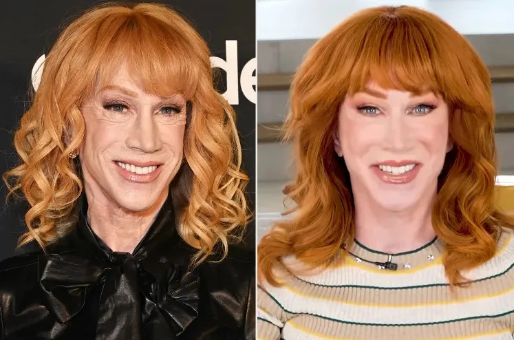 Side-by-side images of Kathy Griffin showing her appearance at a red carpet event and during a recent YouTube appearance