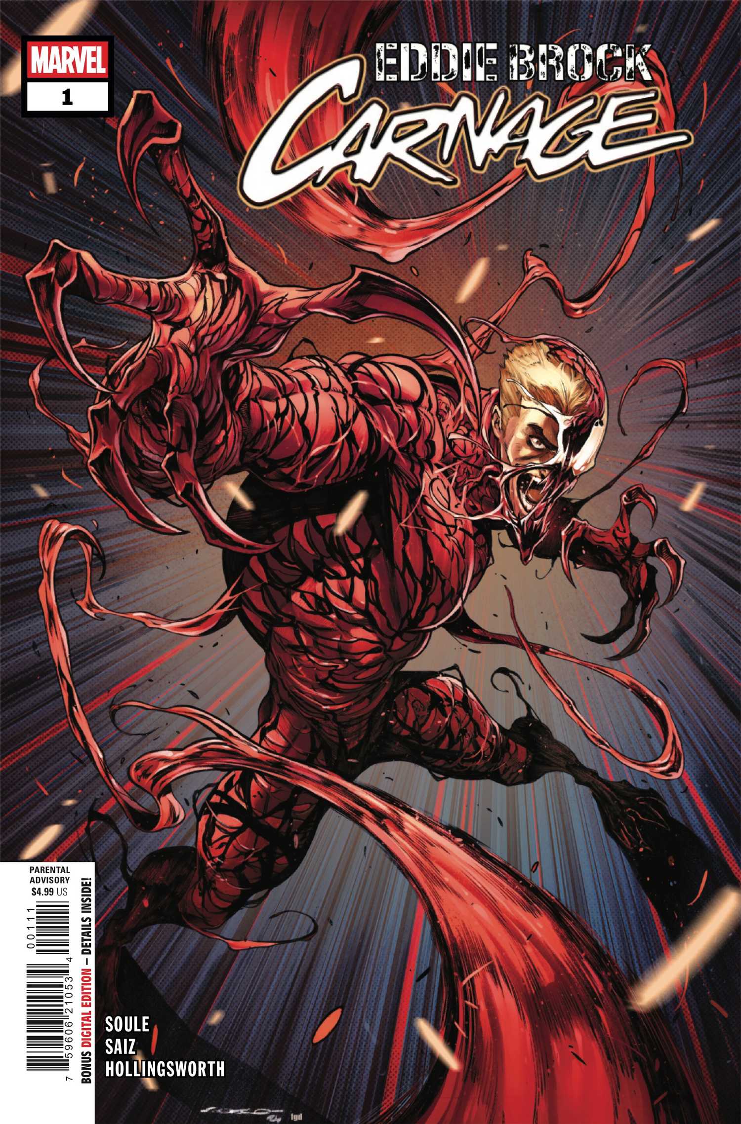 Eddie Brock: Carnage #1 cover by Iban Coello and Frank D'Armata -  Eddie flashes his new Carnage claws