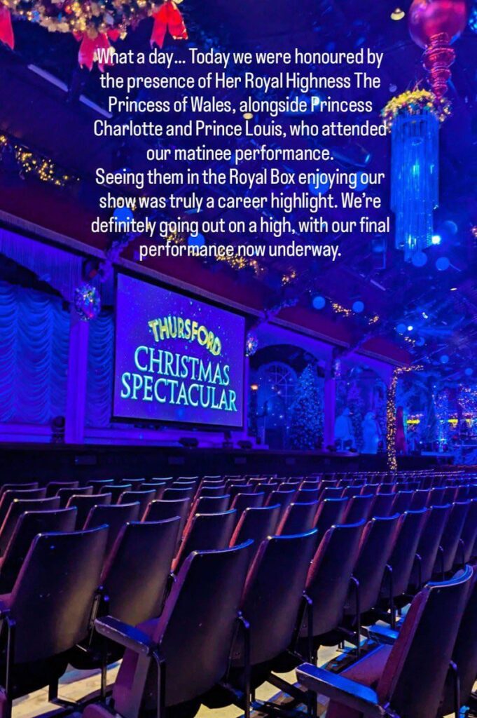 Catherine, Charlotte and Louis attended a matinee performance of Thursford Christmas Spectacular in Norfolk earlier this week