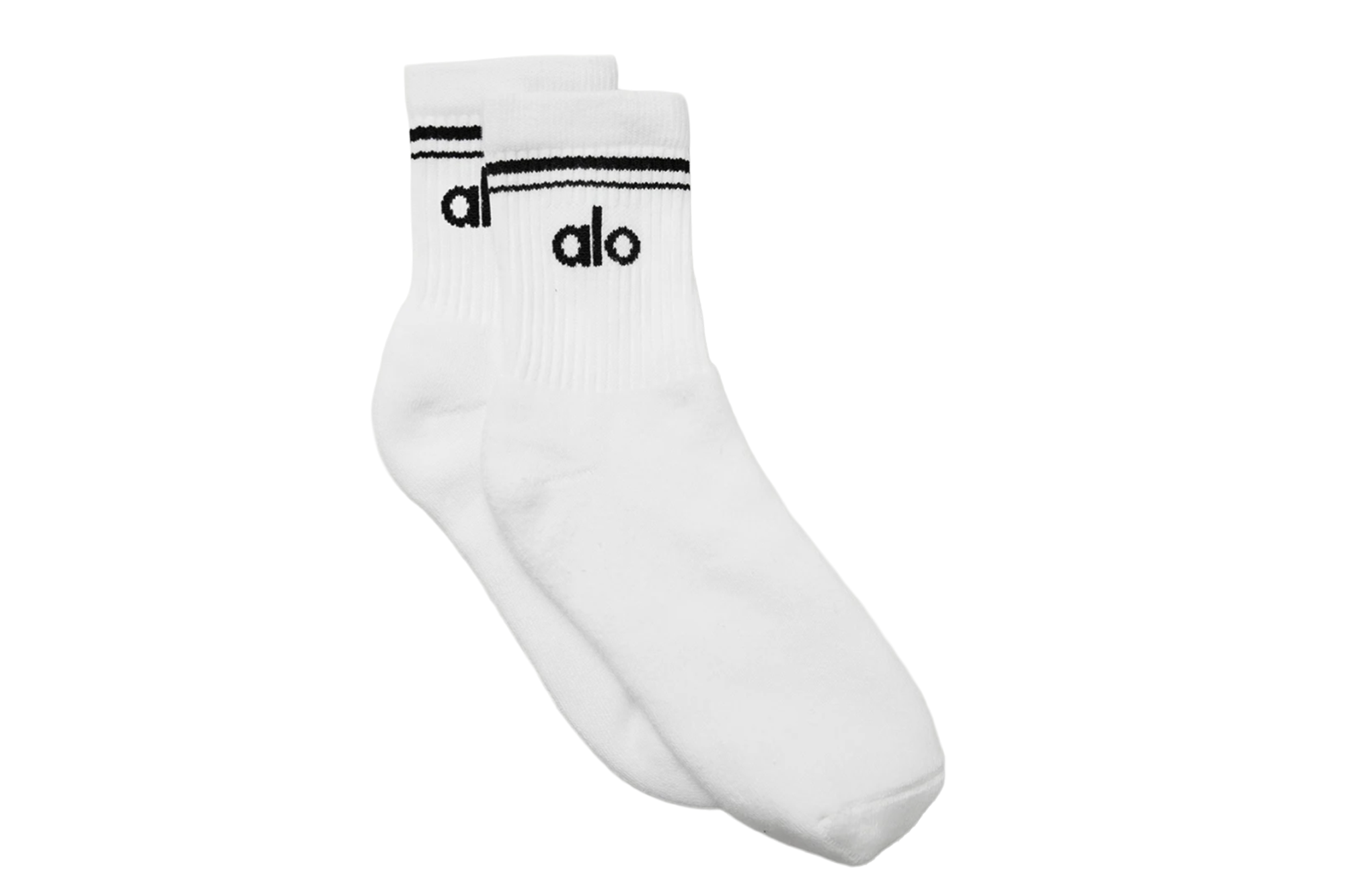 Pair of white ankle socks with "alo" and black stripes on the cuffs.