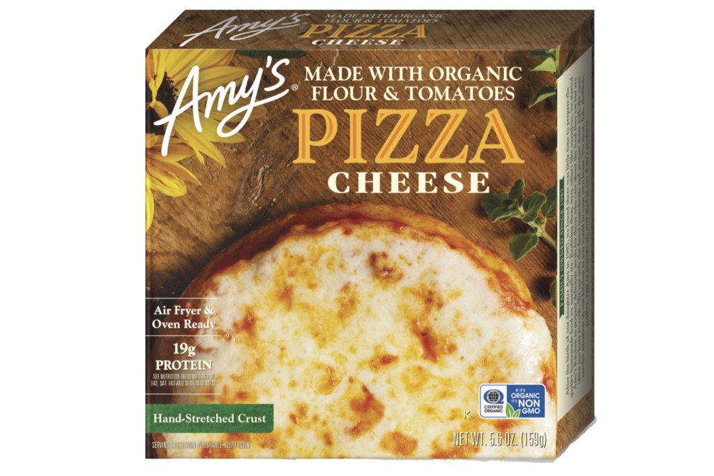 Amy's Cheese Pizza box, featuring a close-up of a cheese pizza on a wooden surface with sunflowers and oregano.