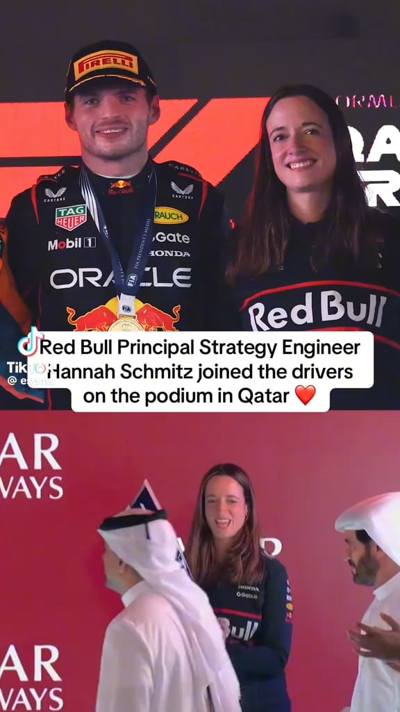 Max Verstappen and Red Bull brought Hannah Schmitz (RB principal strategist) onto the podium to celebrate winning the Qatar Grand Prix. She is just the 12th woman to ever be on a F1 podium