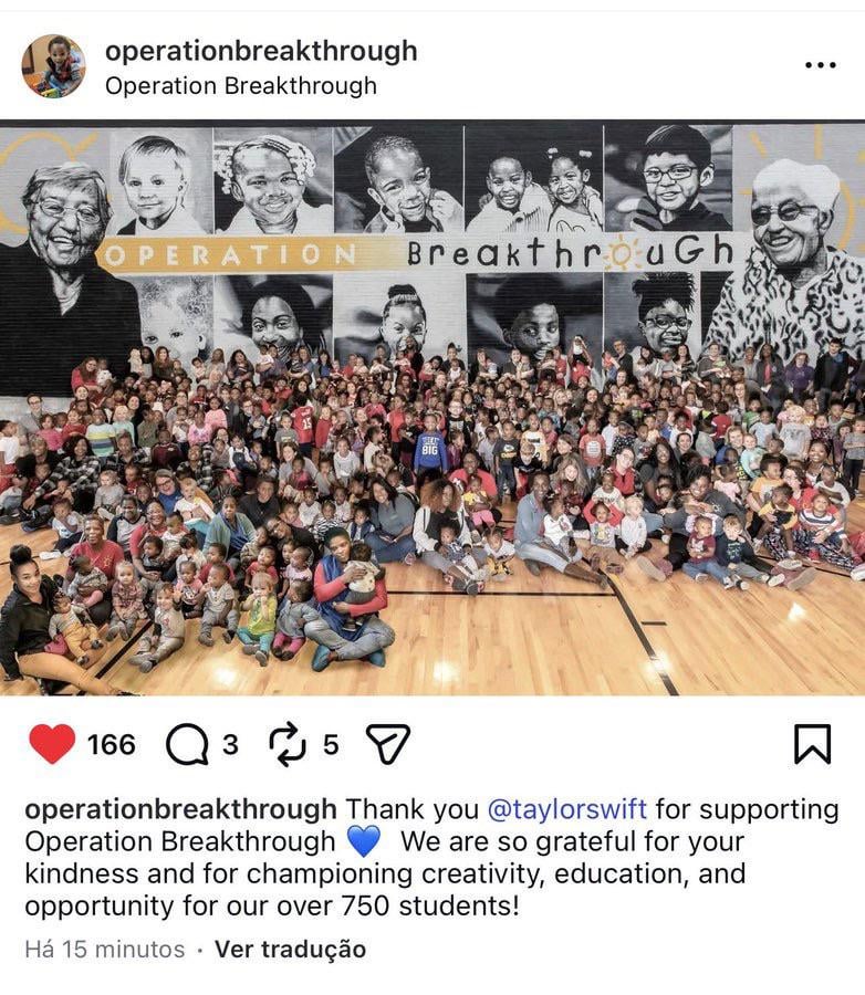Taylor Swift has made a significant donation to Operation Breakthrough, a charity championed by her fiancé Travis Kelce , it mainly serves underprivileged communities of color in Missouri , providing underserved children , opportunities in creative and educational endeavors