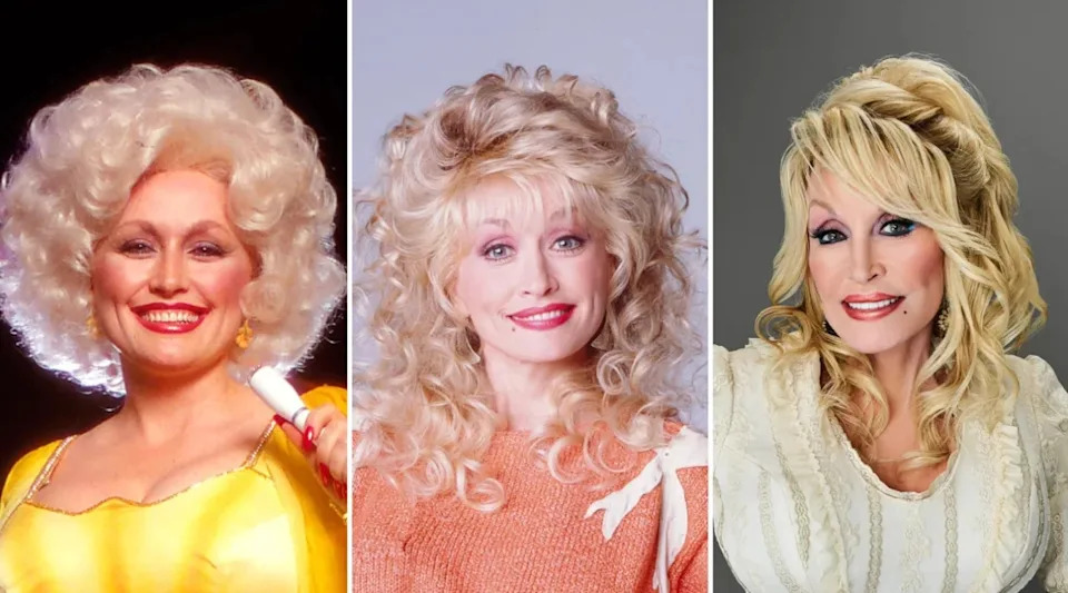 Three images of Dolly Parton from different stages of her career showing changes following cosmetic procedures and styling evolution