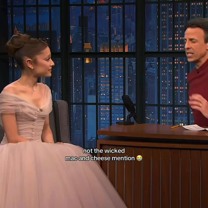 Ariana Grande discussing Wicked themed products/merch (especially the pink and green mac & cheese), on Late Night With Seth Meyers