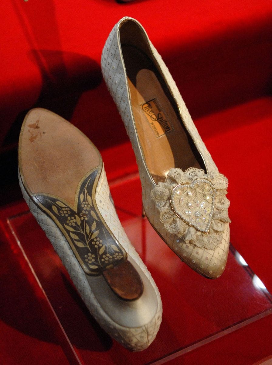 Princess Diana's wedding slippers are displayed at a preview of the traveling "Diana: A Celebration" exhibit at the National Constitution Center 