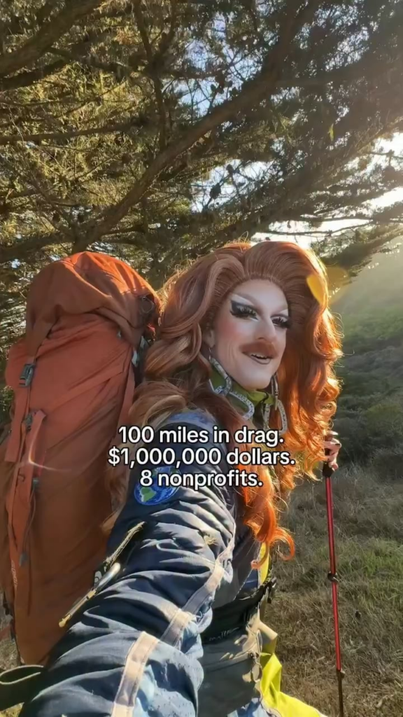 Pattie Gonia is hiking 100 miles in drag over 1 week to try and raise $1,000,000 for BIPOC + Queer orgs working to make the outdoors/environmental spaces a more equitable place