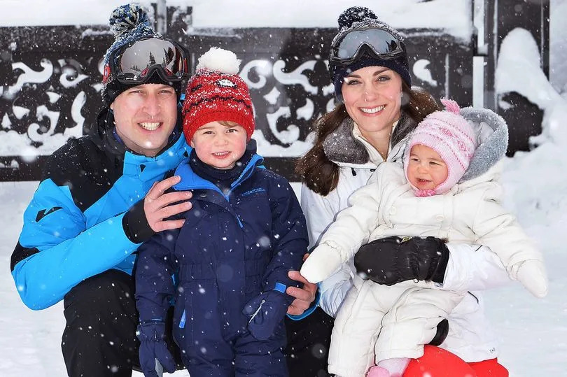 Catherine, Duchess of Cambridge and Prince William, Duke of Cambridge, with their children, Princess Charlotte and Prince George, enjoy a short private skiing break on March 3, 2016