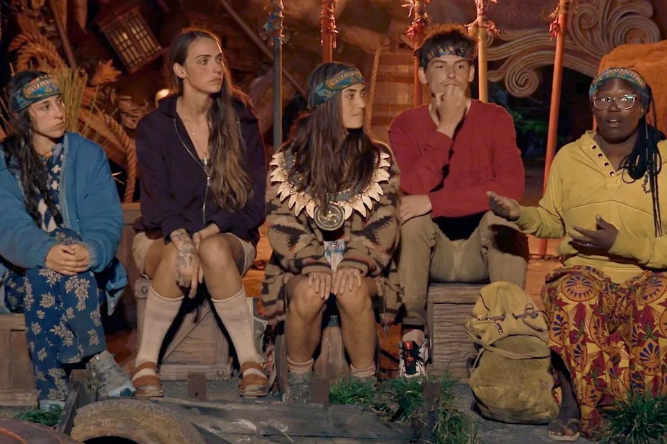 CBS Sophi Balerdi, Sage Ahrens-Nichols, Savannah Louie, Rizo Velovic, and Kristina Mills on Survivor Season 49.