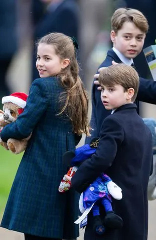 Samir Hussein/WireImage Princess Charlotte, Prince Louis and Prince George (top right) attend the Christmas morning service at Sandringham Church on Dec. 25, 2024.