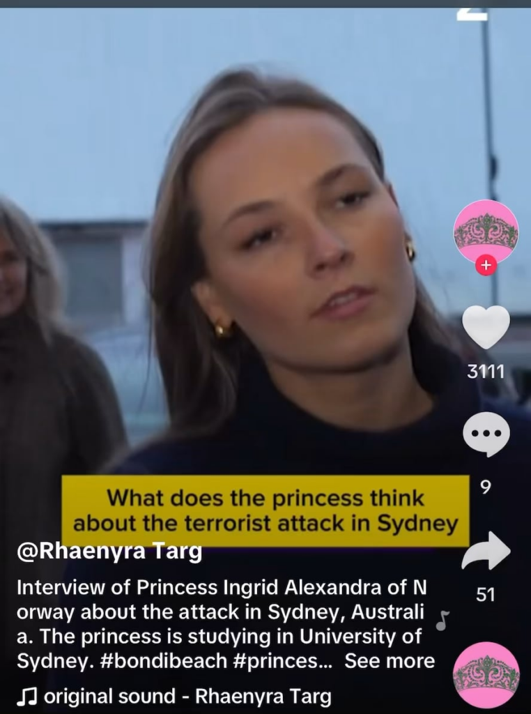 Princess Ingrid of Norway speaking about the recent attacks in Sydney, where she attends university