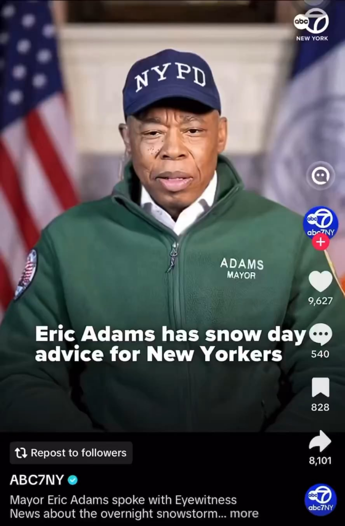 Outgoing Mayor Eric Adams' advice to New York City residents on how to spend their day after as much as 4 inches of snow fell overnight: “Stay home. This is a good baby making day... as my son would say, just do Netflix and Chill."