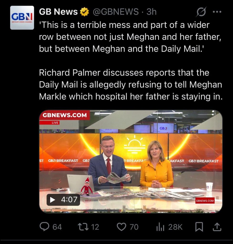GB News is reporting that the Daily Mail is refusing to tell Meghan which hospital in Cebu her father is in