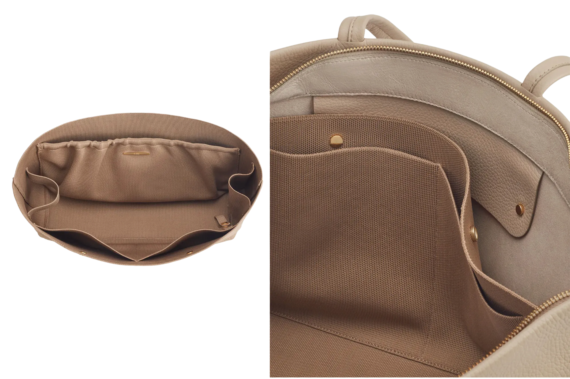 Collage of two images showing the interior of a light brown bag with multiple pockets.