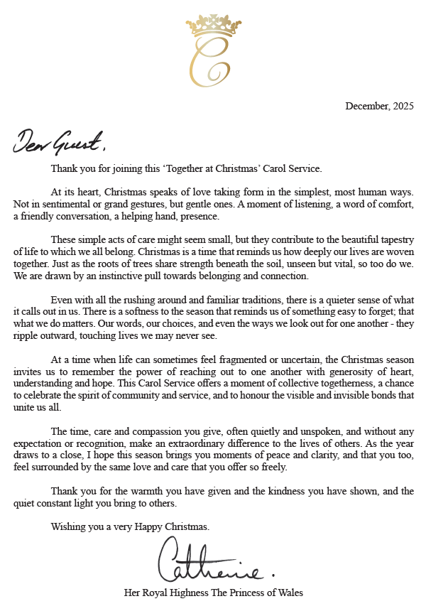 The Princess's letter to guests at her Christmas carol service