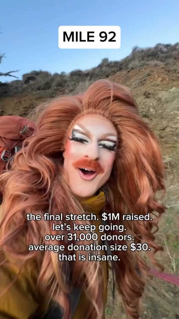 Pattie Gonia has reached goal of raising $1,000,000 while hiking 100 miles in drag over 1 week