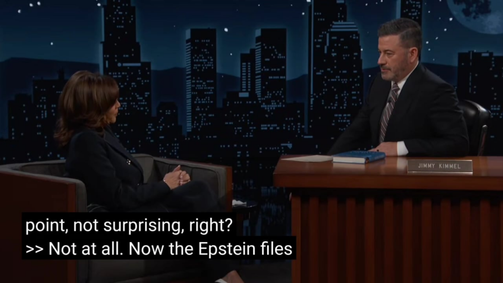On Jimmy Kimmel Live, former Vice President Kamala Harris answers the question of why the Biden administration did not release the Epstein files.