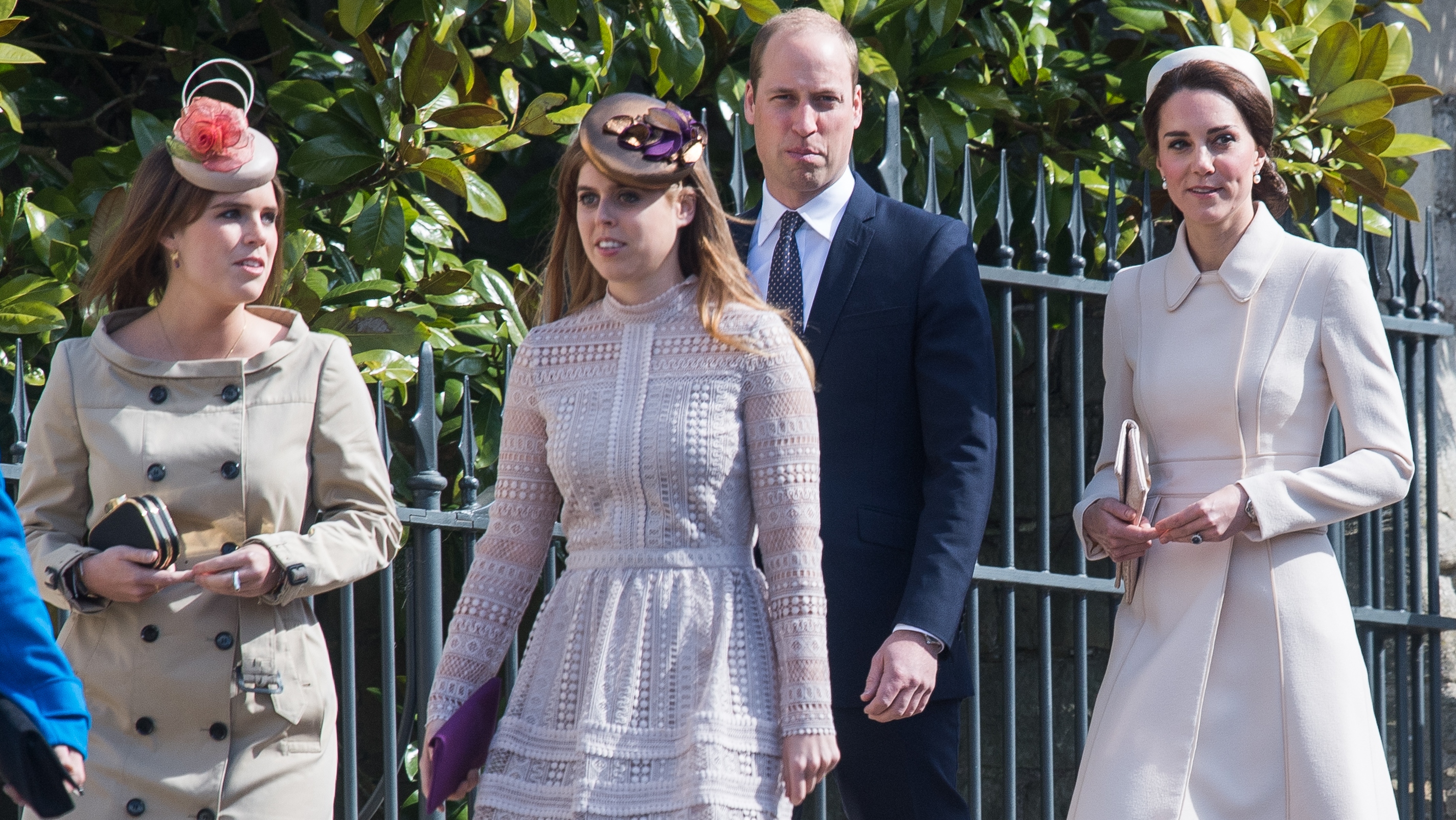 Catherine, Princess of Wales, Prince William and Princess Beatrice of York and Princess Eugenie of York attend the Easter Day Service at St George's Chapel on April 16, 2017